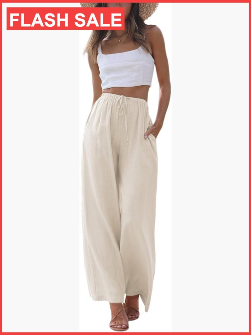 Women's Cotton Linen Wide Leg Palazzo Pants Flowy Summer Beach Trousers Pockets